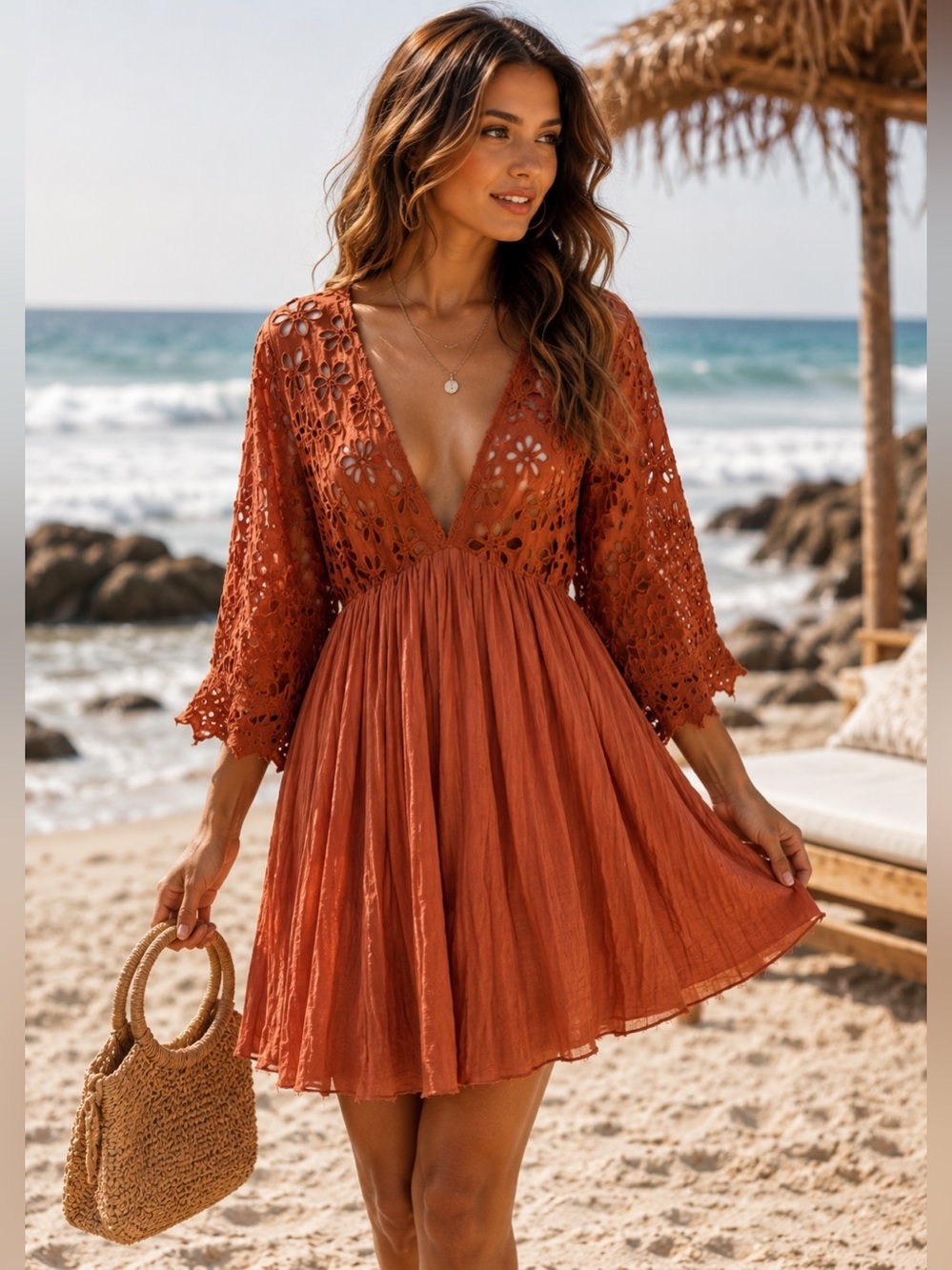 Free People Bella Note Terracotta Eyelet Mini Dress with Deep V-Neck